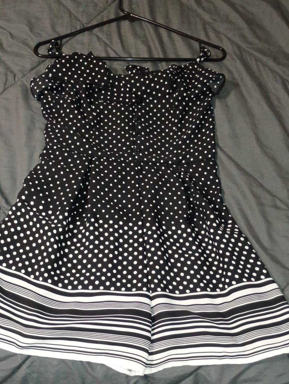 Blue Rain Black and White Polka Dot Strapless Romper with Striped Hem